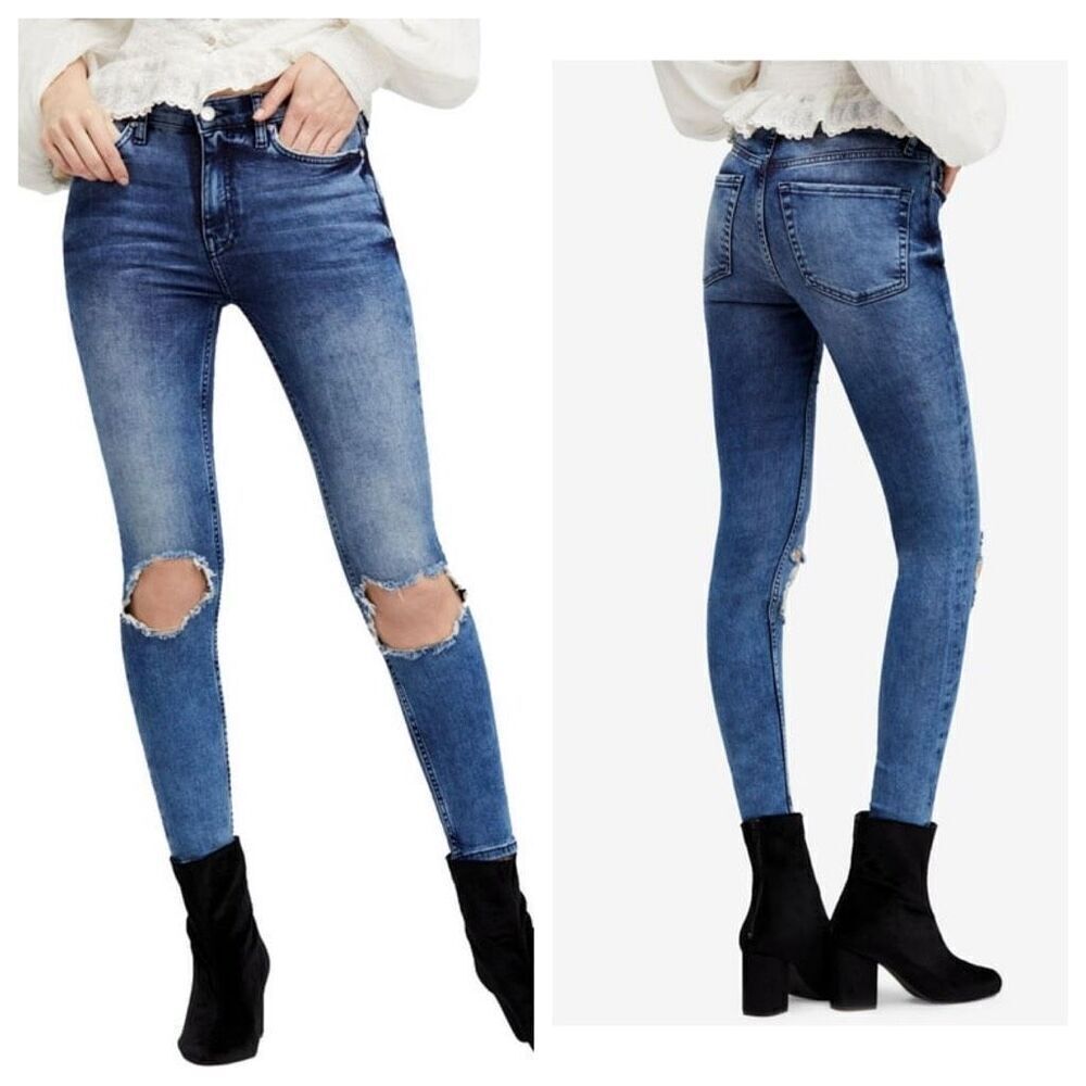 Free People We The Free Skinny Distressed Stretch Jeans High-Rise Blue 25